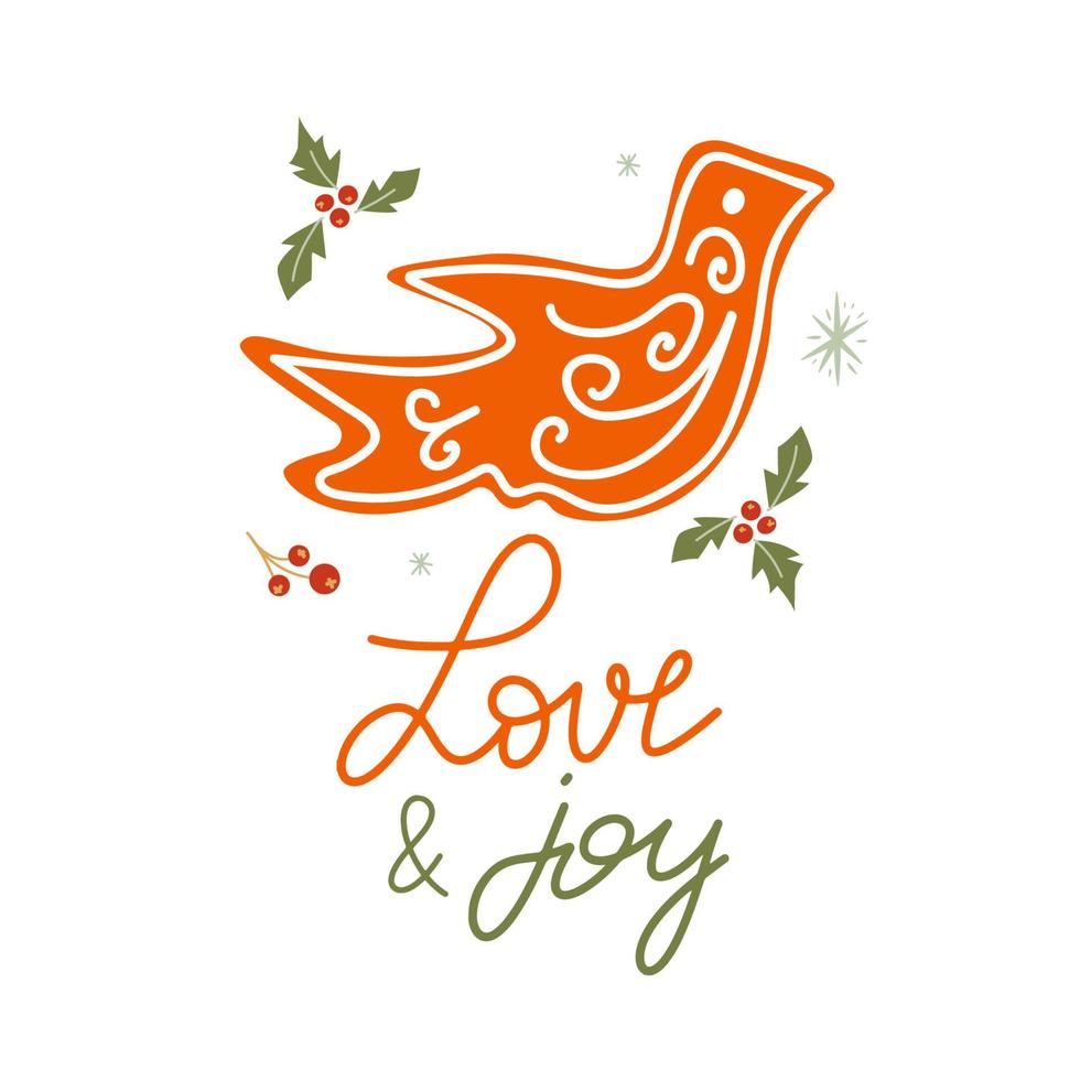 Christmas sign - Love and Joy with cute bird gingerbread. Vector Winter quote in cozy style.
