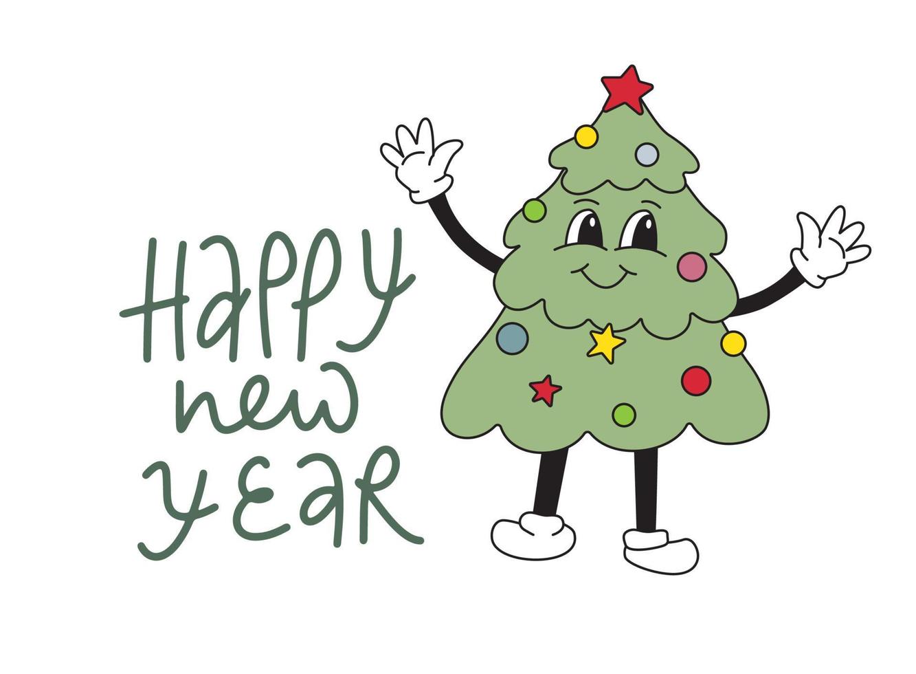 Cartoon Christmas tree mascot character 40s, 50s, 60s old animation style with Happy New Yera sign. vector