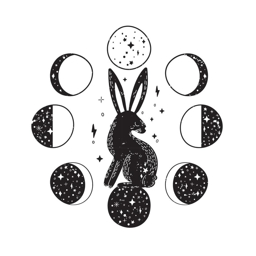 Moon Bunny, Silhouette rabbit with lunar phases, vector illustration.