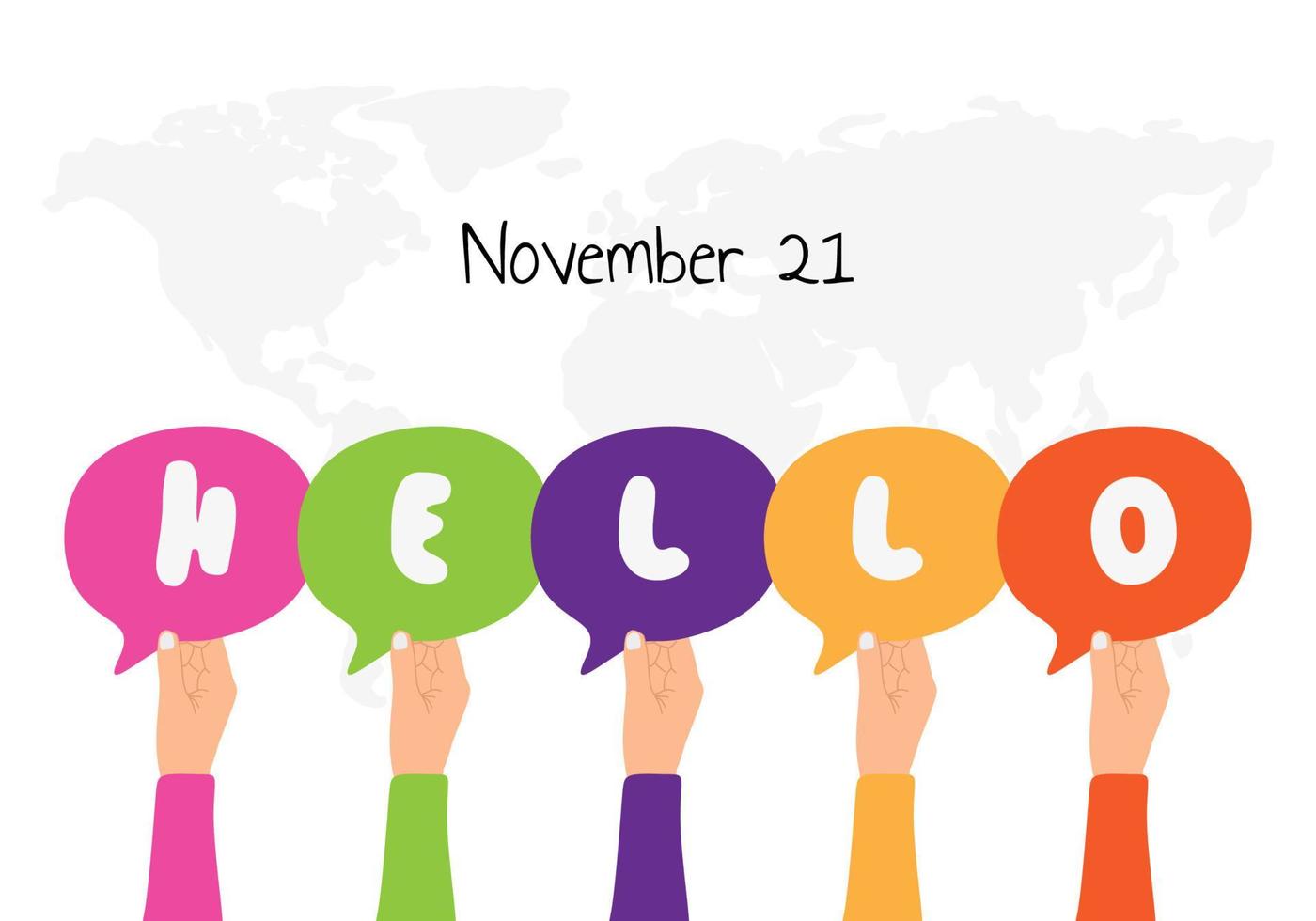 World hello day background with hand hold hello notes and earth map