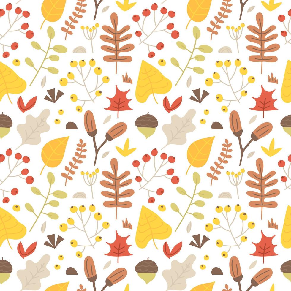 Autumn seamless pattern of leaves, twigs, acorns, branches and berries. Seasons vector illustration, september, october and november atmosphere. Texture from cute hand drawn plants, botanical elements