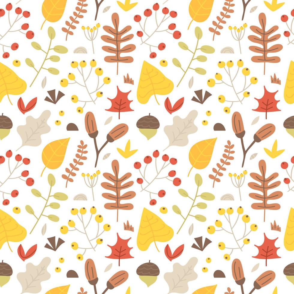 otoño de patrones sin fisuras de hojas, ramitas, bellotas, ramas y bayas. temporadas ilustración vectorial, ambiente de septiembre, octubre y noviembre. textura de lindas plantas dibujadas a mano, elementos botánicos vector