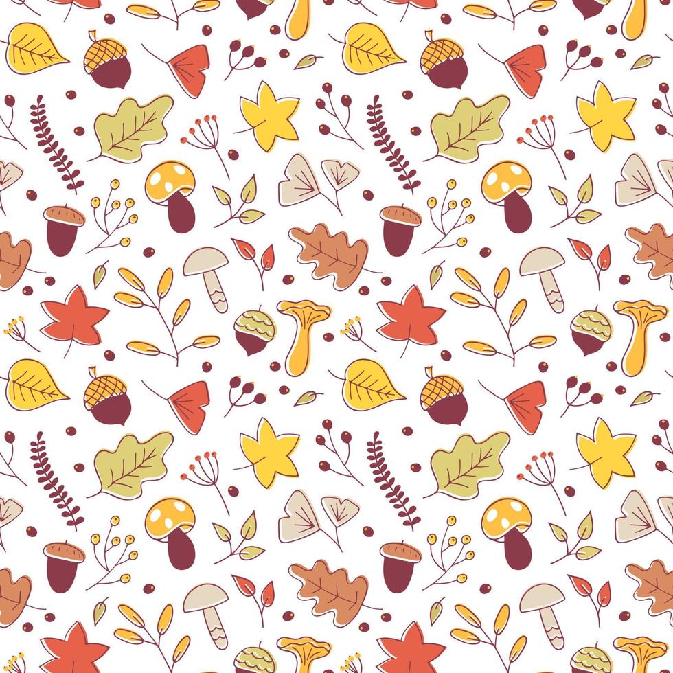 Vector seamless pattern of autumn leaves, acorn, twig, branches, mushroom and berries. Abstract background of hand drawn plants, doodle botanical elements. Thanksgiving and Harvest Day, season, fall