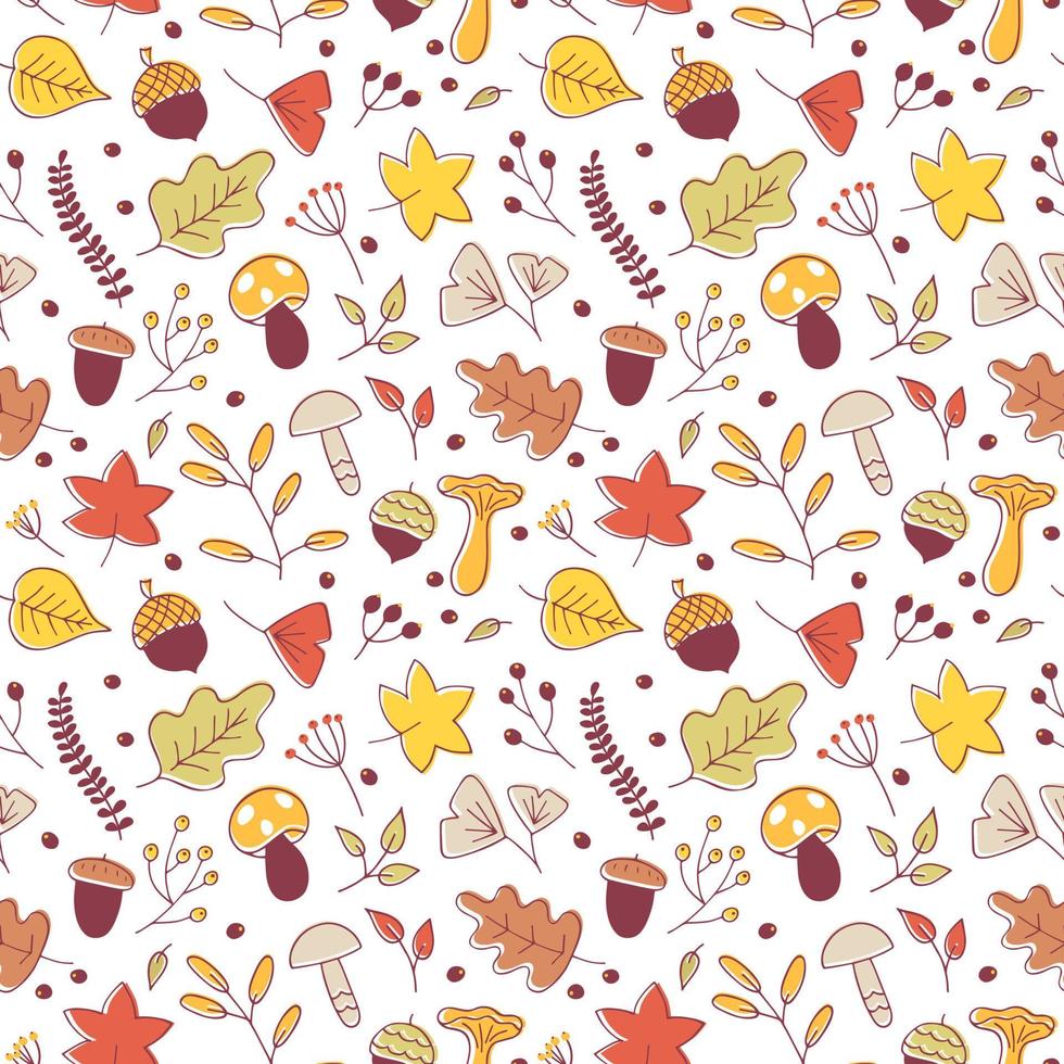 Vector seamless pattern of autumn leaves, acorn, twig, branches, mushroom and berries. Abstract background of hand drawn plants, doodle botanical elements. Thanksgiving and Harvest Day, season, fall