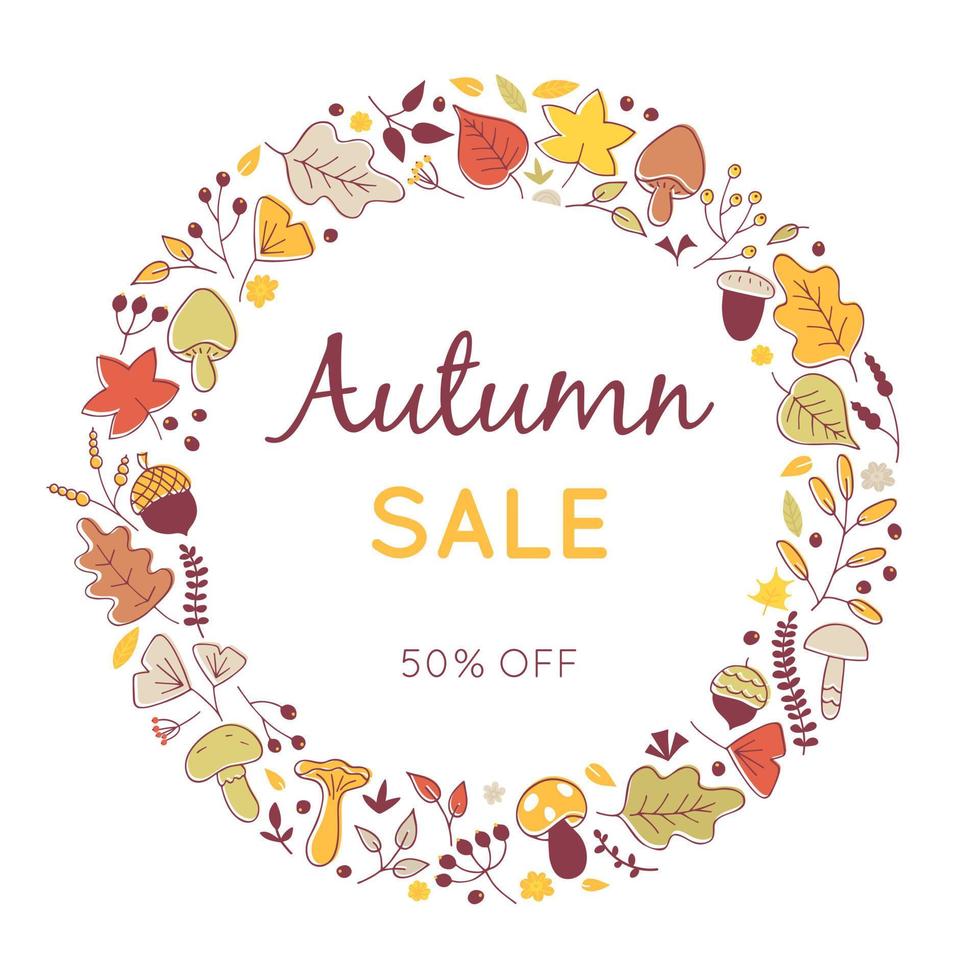 Vector banner of autumn sale, seasonal discount. Round frame decorated with leaves, branches, mushroom, acorns and berries. Postcard with botanical elements. Flat illustration with hand drawn plants