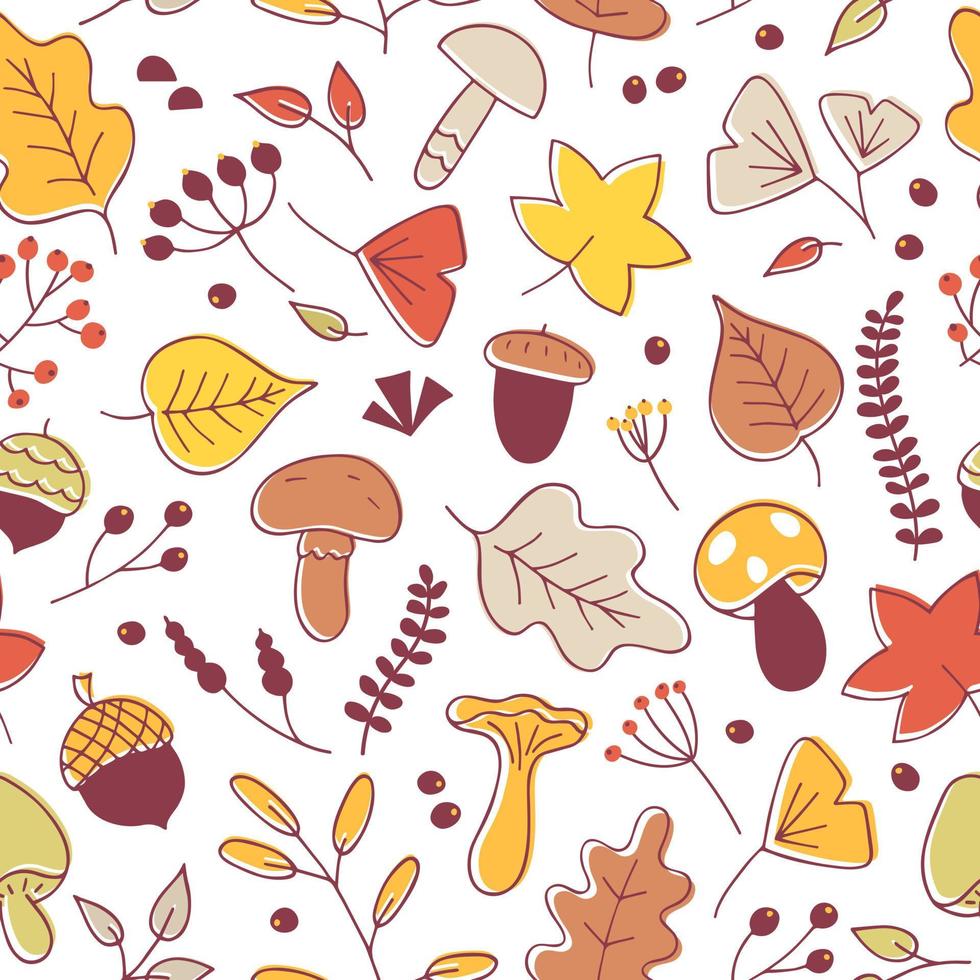Seamless pattern of hand drawn branches, leaves, mushrooms and acorns. Thanksgiving and Harvest Day. Season illustration, fall. Vector abstract background of cute autumn plants, botanical elements
