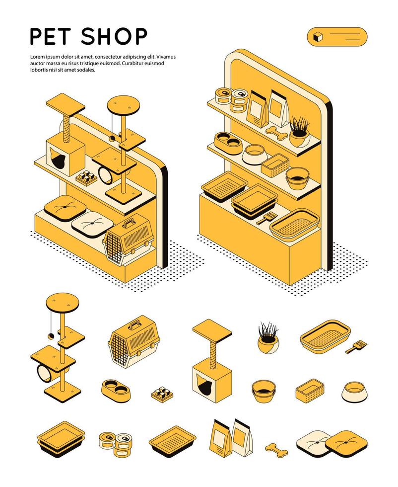 Pet shop, showcase with goods for animals. Set of 3d isometric objects on the theme of animal care. Store with pet carrier, scratching post, food for cats and dogs. Vector isometric illustration