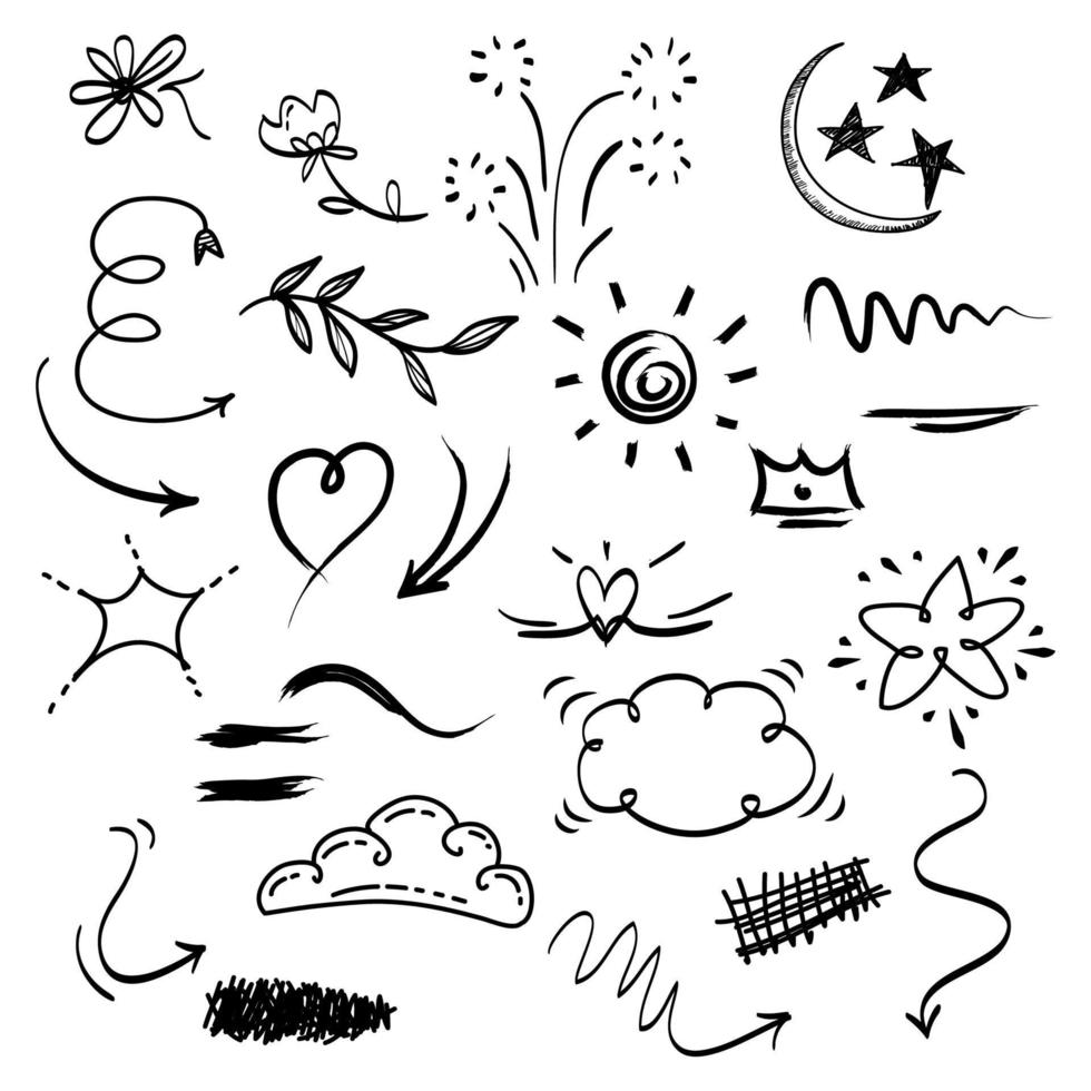 Doodle elements for concept design on set. isolated on white background. Infographic elements. Emphasis, curly swishes, swoops, swirl, arrow. vector illustration.