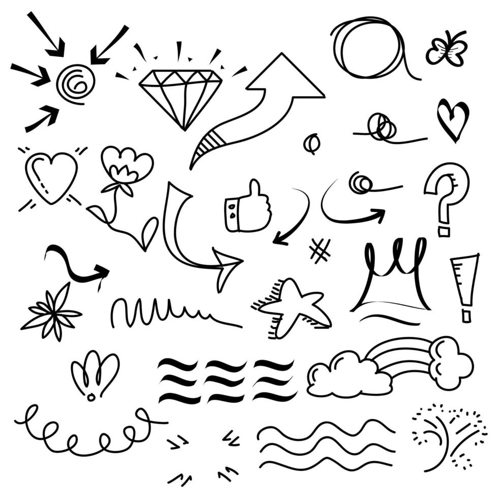 Doodle elements for concept design on set. isolated on white background. Infographic elements. Emphasis, curly swishes, swoops, swirl, arrow. vector illustration.