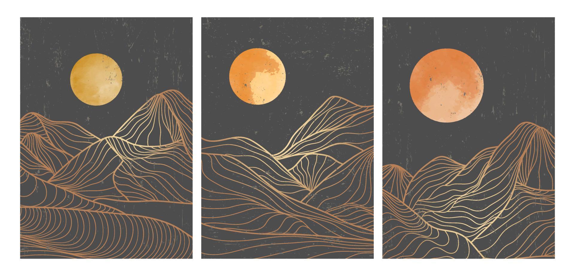 conjunto de impresión de arte de línea moderna minimalista creativa. abstracto montaña contemporáneo estética fondos paisajes. con montaña, luna, mar, horizonte, ola. ilustraciones vectoriales vector