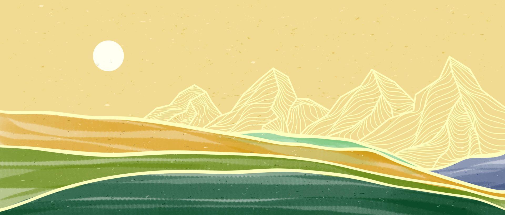 Creative minimalist hand painted illustrations of Mid century modern. Natural abstract landscape background. mountain, forest, sea, sky and sun vector