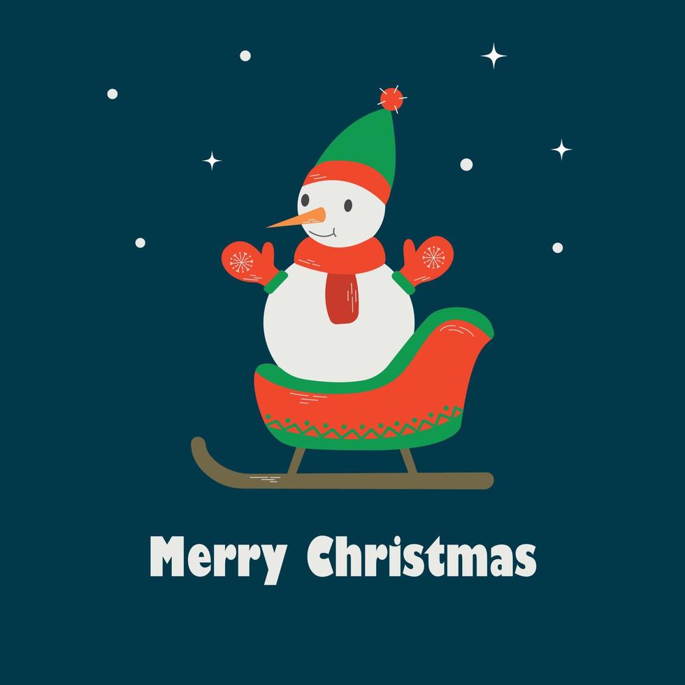 Merry Christmas Greeting Illustration with a Cute Cartoon Snowman with Mittens and a Hat on Sleigh on dark background vector