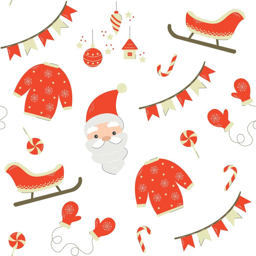 lindo personaje de dibujos animados y elementos navideños de patrones sin fisuras con santa, trineo, ropa de abrigo, decoración y dulces sobre fondo blanco vector