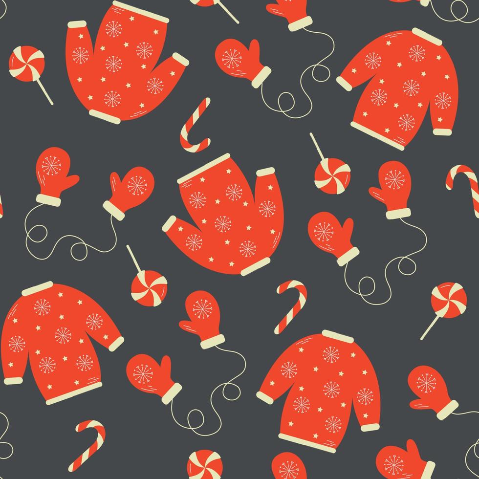 patrón sin costuras de invierno con jerséis de punto y mitones. lindo fondo vectorial con suéteres feos. textura repetitiva para las vacaciones de año nuevo. Decoración navideña. vector