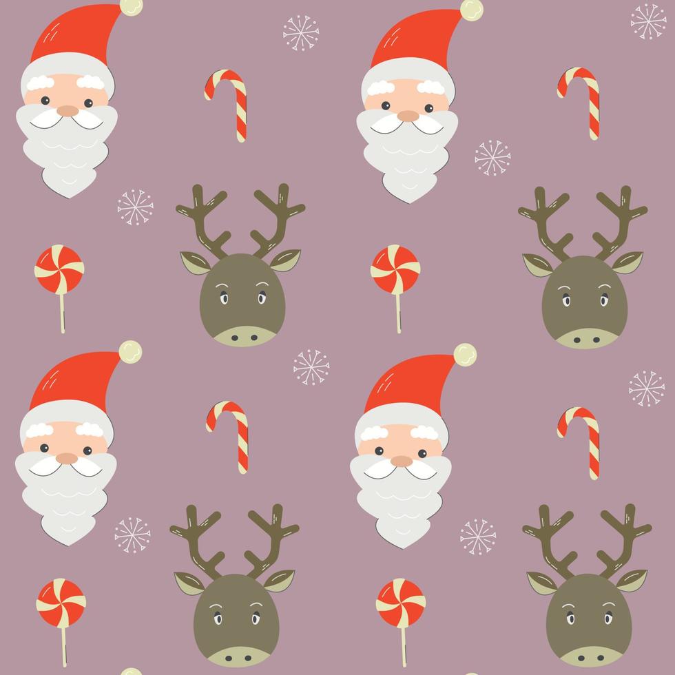 Seamless Christmas pattern with cartoon Santa and deer. Wrapping paper design. vector