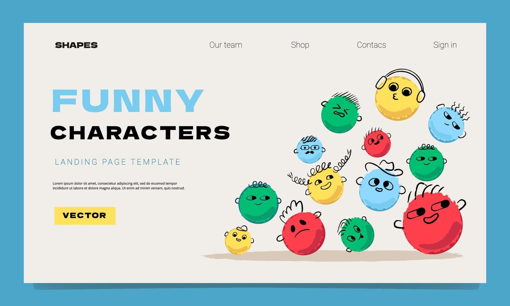 A landing page template with round childish characters with different emotions. vector