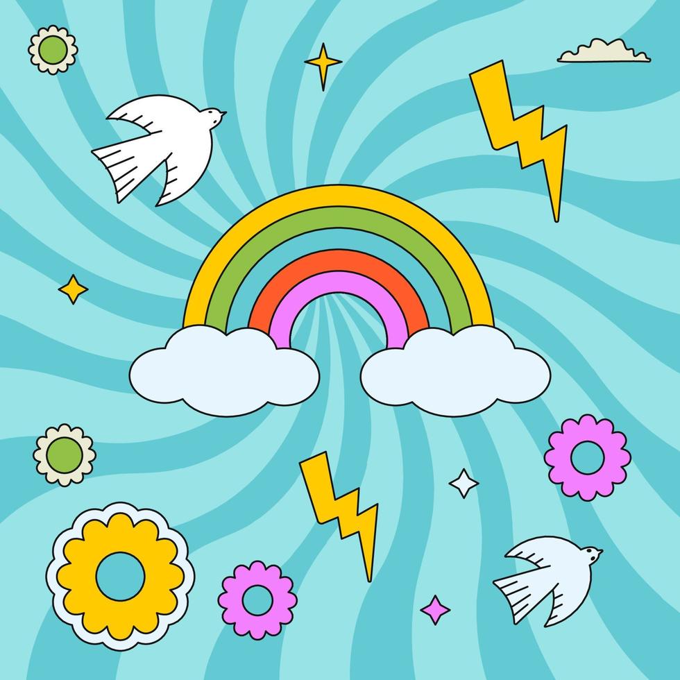 Colourful groovy illustration with rainbow, dove, lights and flowers. Hippy outlined patch. vector