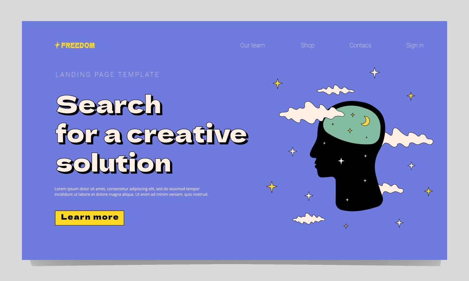 A landing page template with a human profile inside which is a bright, starry space, a metaphor for creativity, the search for a non-standard solution. vector