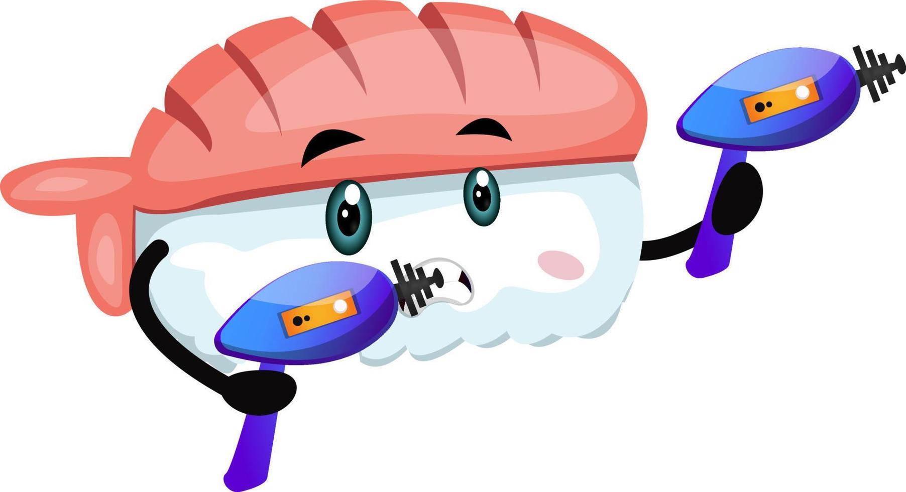 Sushi with laser gun, illustration, vector on white background.