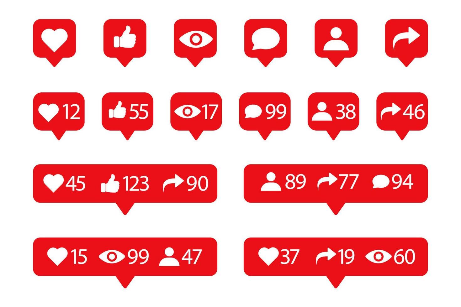 Social network button icons pack. Like, comment, follow, view, user sign, heart symbol, repost, thumbs up icon. Social network reactions. vector