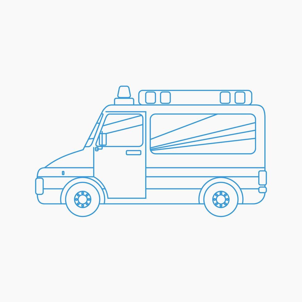 Editable Isolated Side View Ambulance Car Vector Illustration in Outline Style for Healthcare and Medical Related Purposes