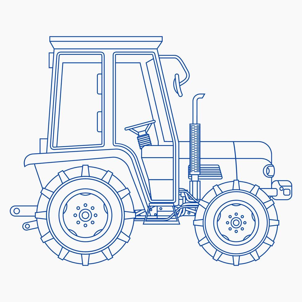 ilustración de vector de tractor de granja de estilo de esquema de vista lateral aislada editable para elemento de arte de vehículo o diseño relacionado con la agricultura