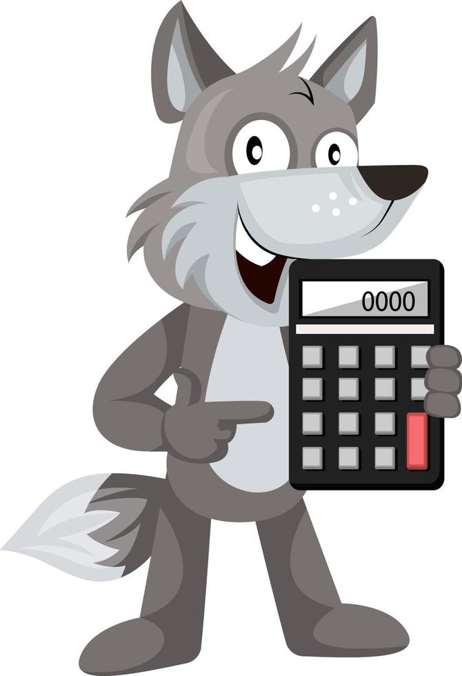 Wolf with calculator, illustration, vector on white background.