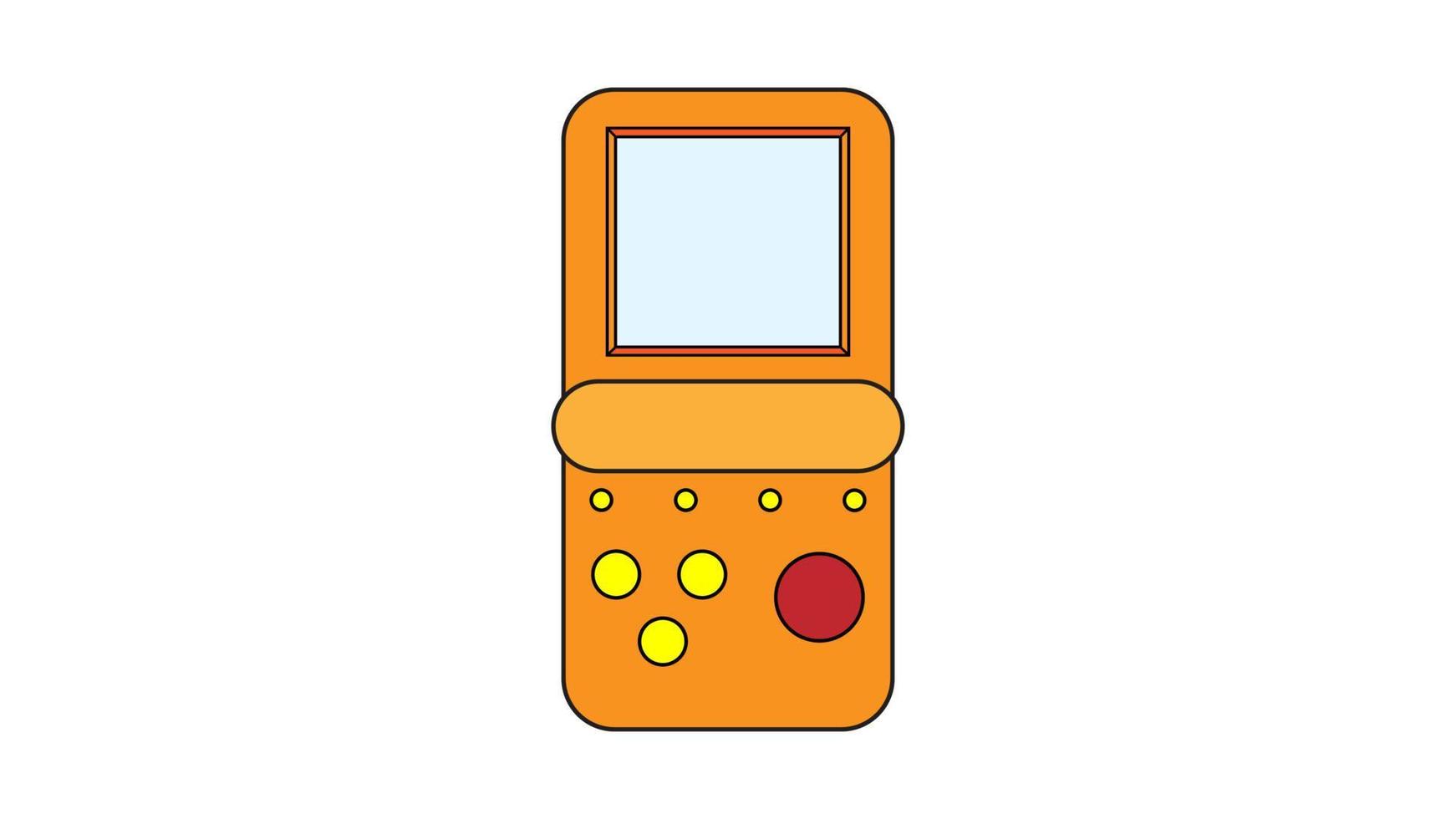 Old retro vintage hipster handheld game console with screen and buttons, tetris from 70s, 80s, 90s. Yellow icon. Vector illustration