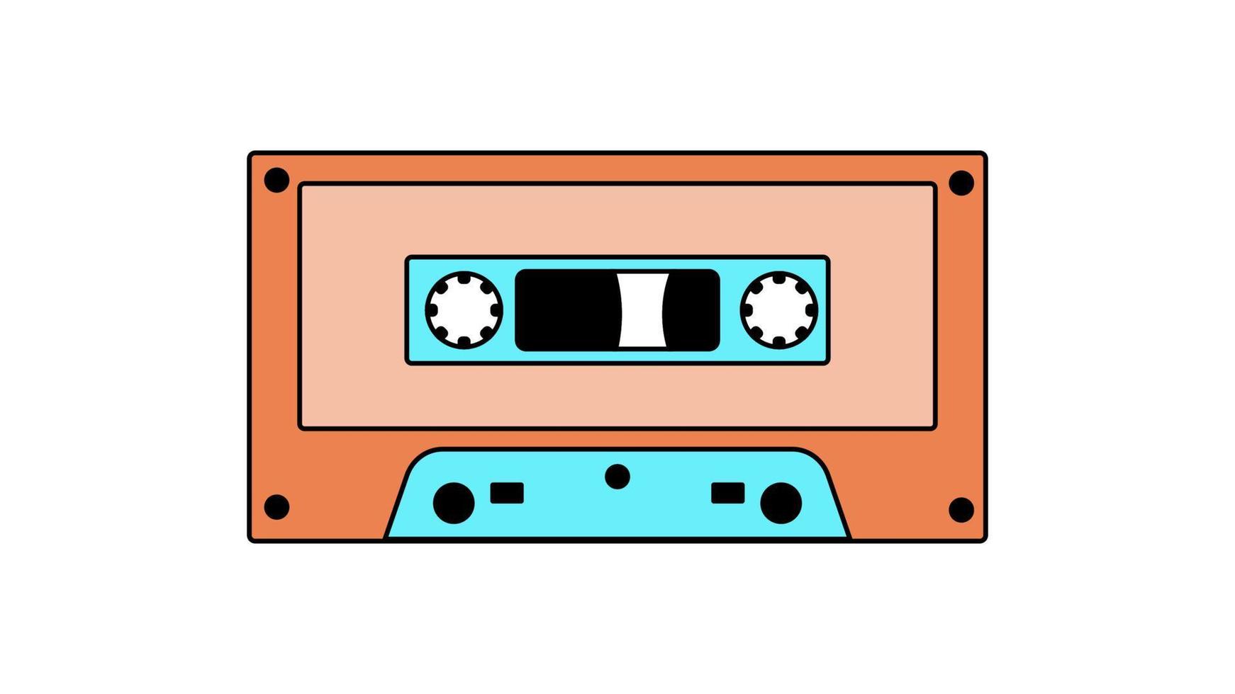 Old retro vintage music audio cassette for audio tape recorder with magnetic tape from 70s, 80s, 90s. Beautiful orange icon. Vector illustration