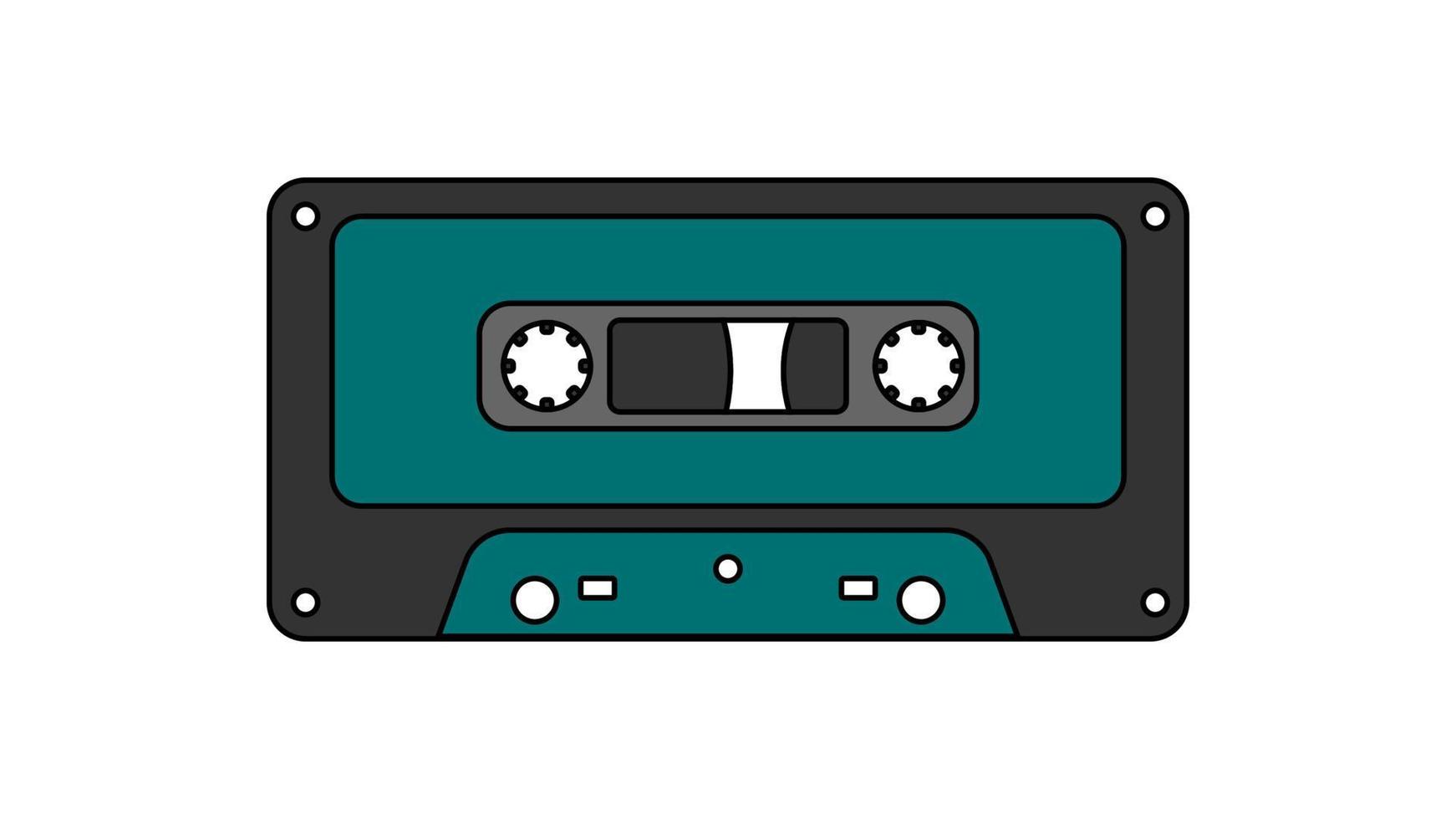 Old retro vintage music audio cassette for audio tape recorder with magnetic tape from 70s, 80s, 90s. Beautiful green icon. Vector illustration