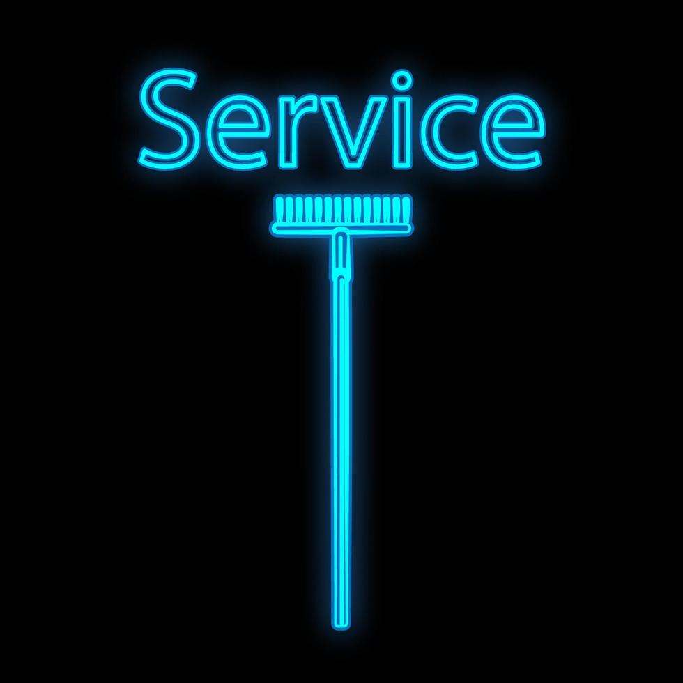 Bright luminous blue industrial digital neon sign for shop workshop service center beautiful shiny with garden rake for repair on a black background. Vector illustration