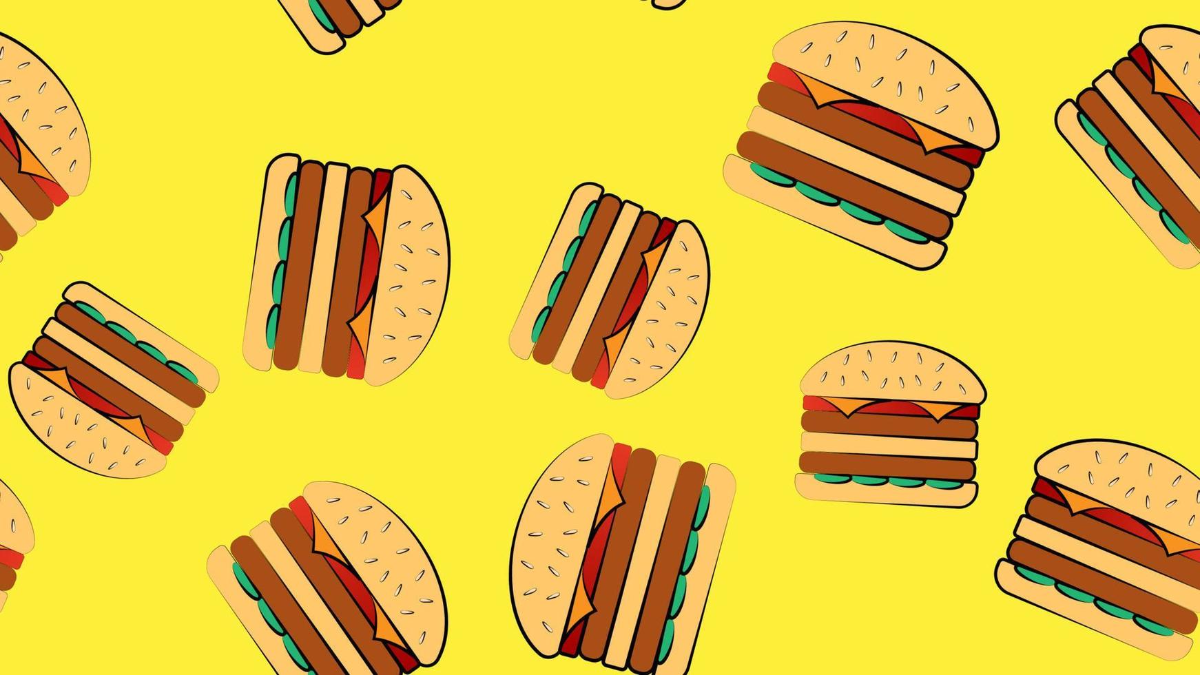 patrón de hamburguesas sobre un fondo amarillo brillante, ilustración vectorial. deliciosa comida rápida. decoración de la decoración del restaurante de comida rápida. jugoso relleno de carne y queso. hamburguesa doble vector