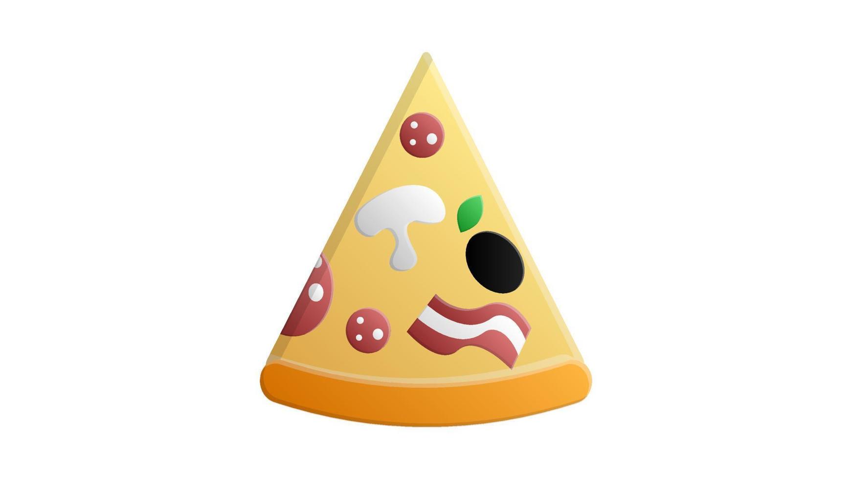 slice of pizza on a white background, vector illustration. an appetizing slice of pizza stuffed with mushrooms, bacon, olives and salami. unhealthy nourishing snack, delicious lunch