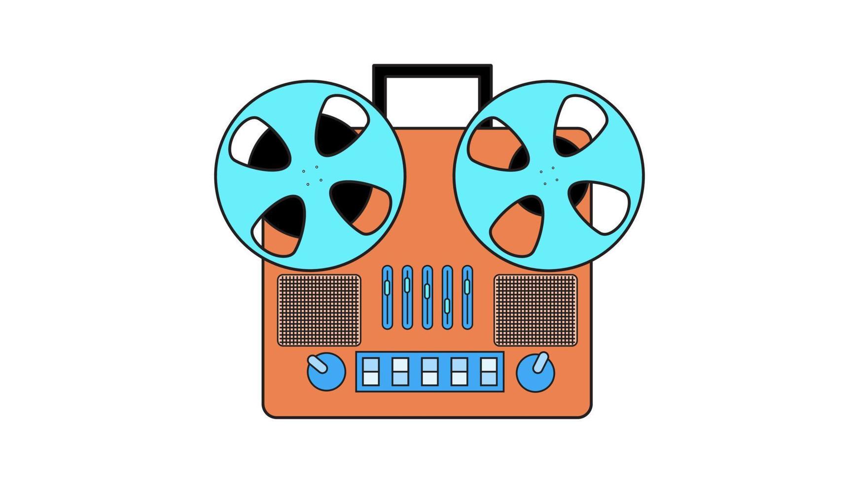 Old retro vintage music cassette tape recorder with magnetic tape on reels and speakers from the 70s, 80s, 90s. Beautiful icon. Vector illustration