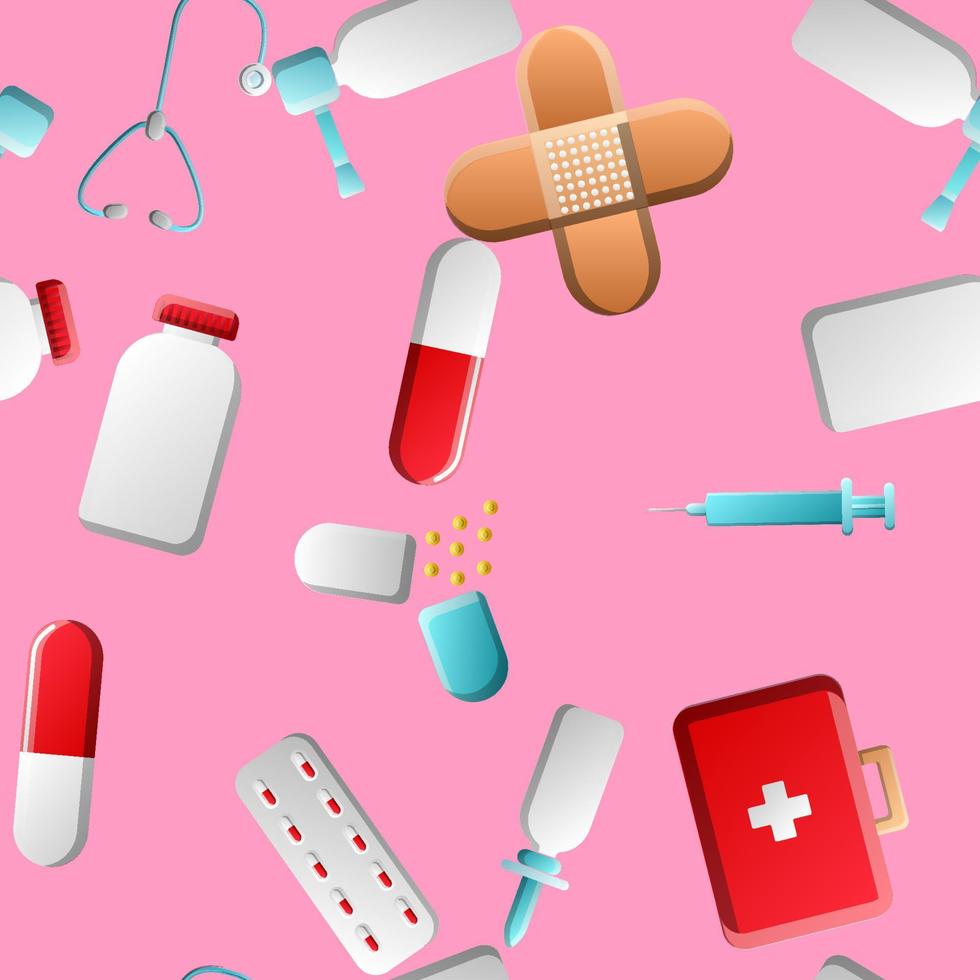 Endless seamless pattern of medical scientific medical items icons jars with tablets capsules first aid kits and stethoscopes on a pink background. Vector illustration