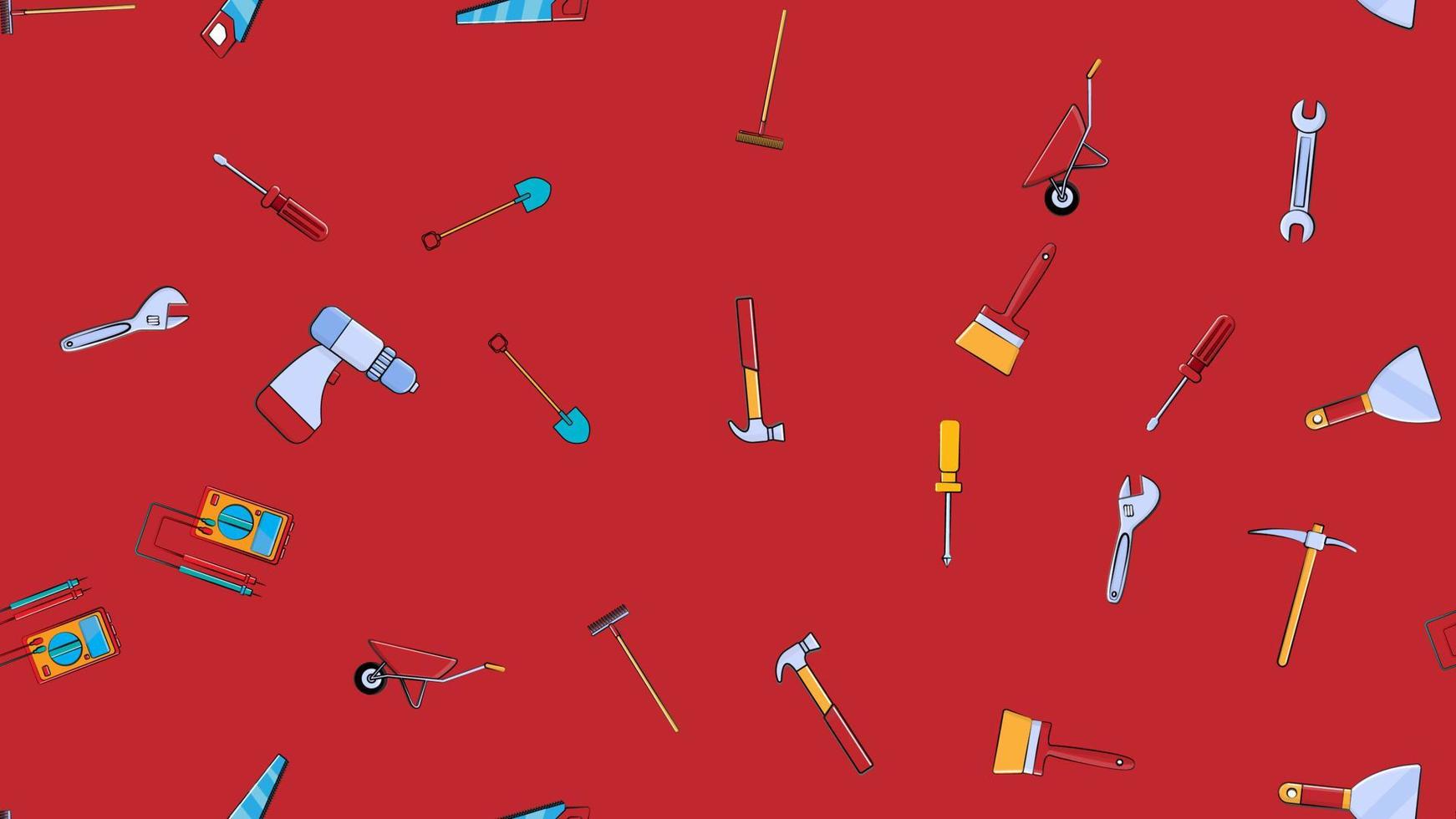 Texture, seamless pattern from a set of construction tools for repair hammer, shovel, screwdriver, wrench, tester, brush, saw, trolley, trowel, ladder on a red background. Vector illustration