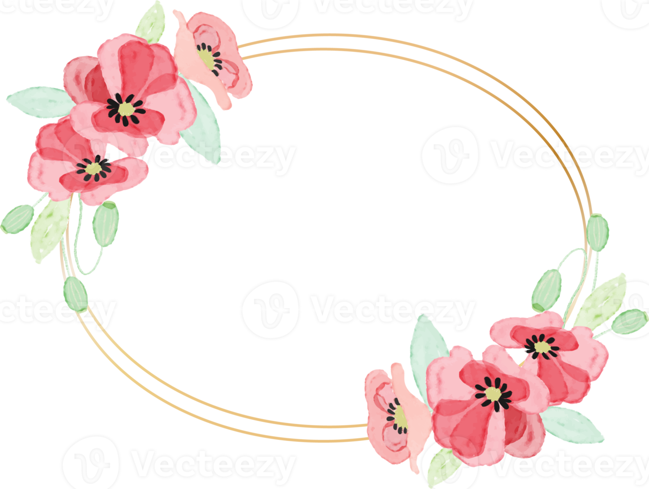 corona di fiori di papavero rosso acquerello con collezione di cornici dorate per il giorno del veterano png