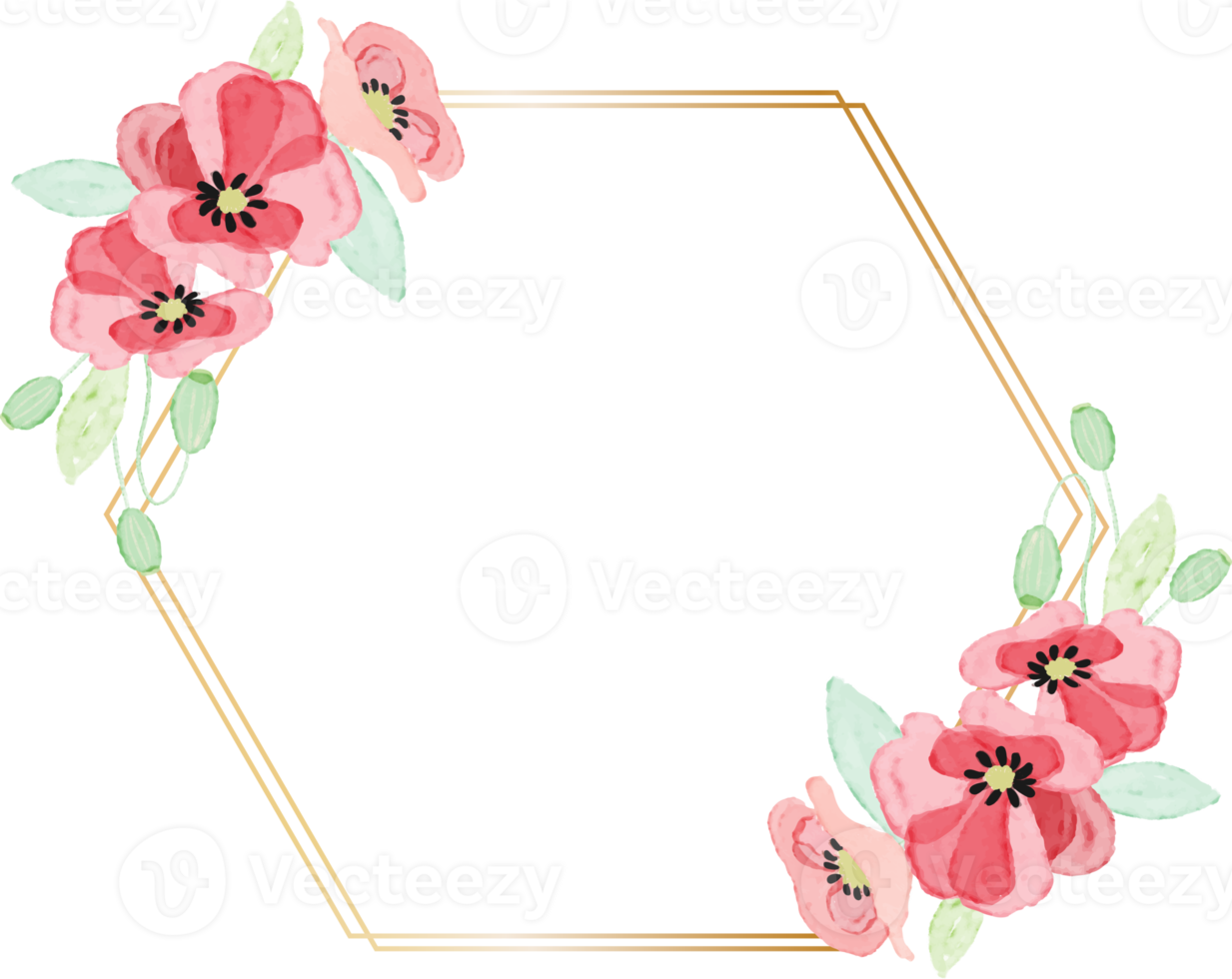 corona di fiori di papavero rosso acquerello con collezione di cornici dorate per il giorno del veterano png