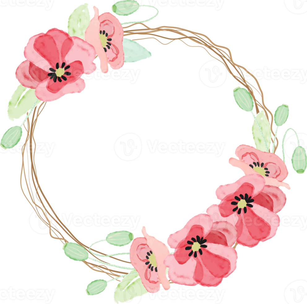 watercolor red poppy flower wreath frame with dry twig collection for veteran's day png