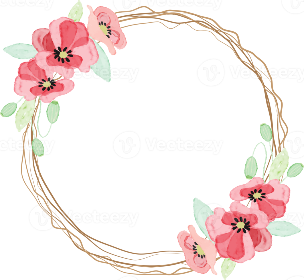 watercolor red poppy flower wreath frame with dry twig collection for veteran's day png