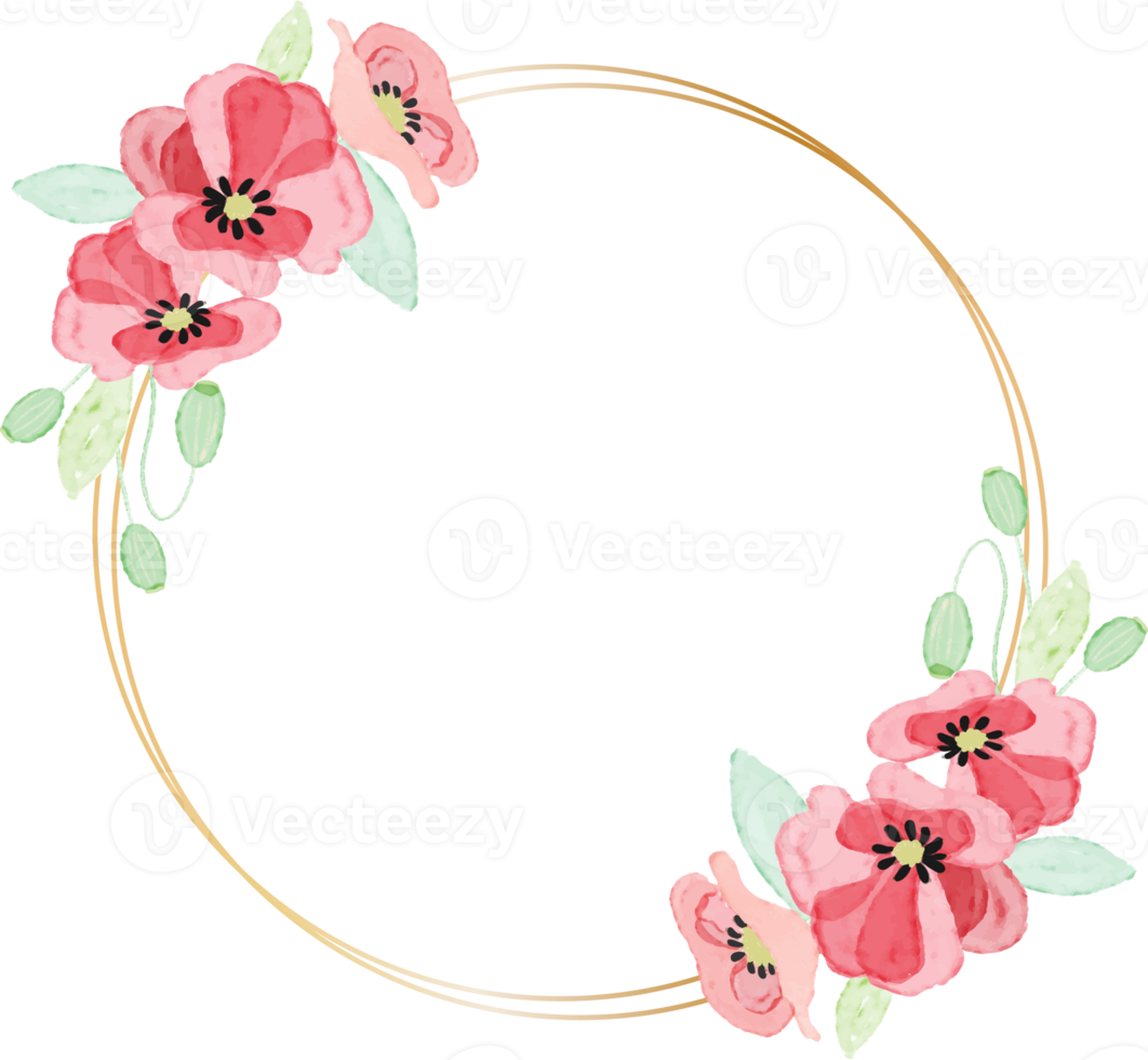 watercolor red poppy flower wreath with golden frame collection for veteran's day png