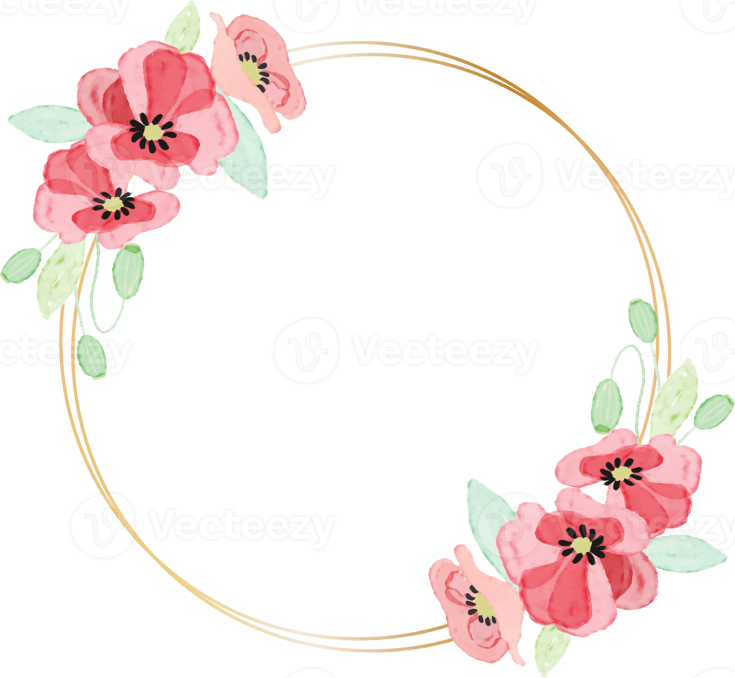 corona di fiori di papavero rosso acquerello con collezione di cornici dorate per il giorno del veterano png