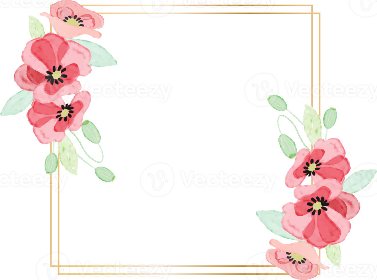 watercolor red poppy flower wreath with golden frame collection for veteran's day png