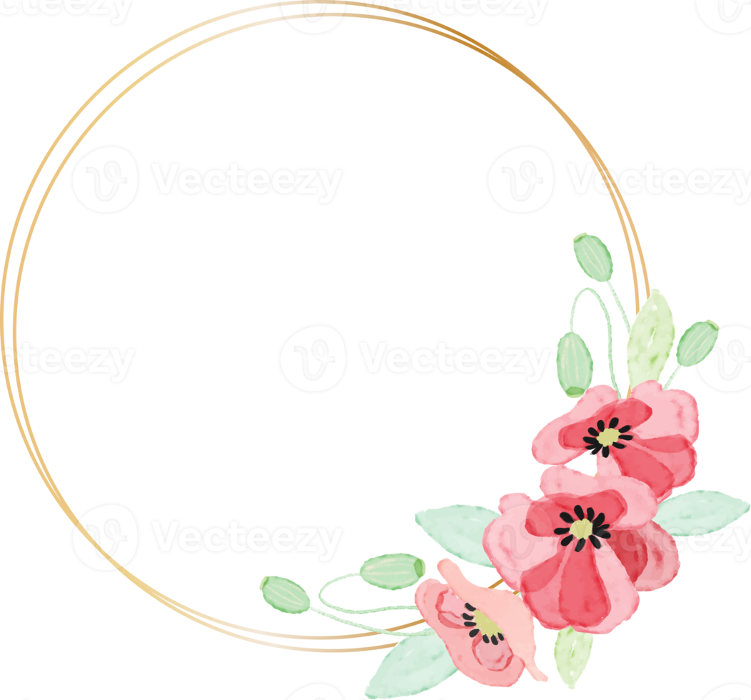 watercolor red poppy flower wreath with golden frame collection for veteran's day png