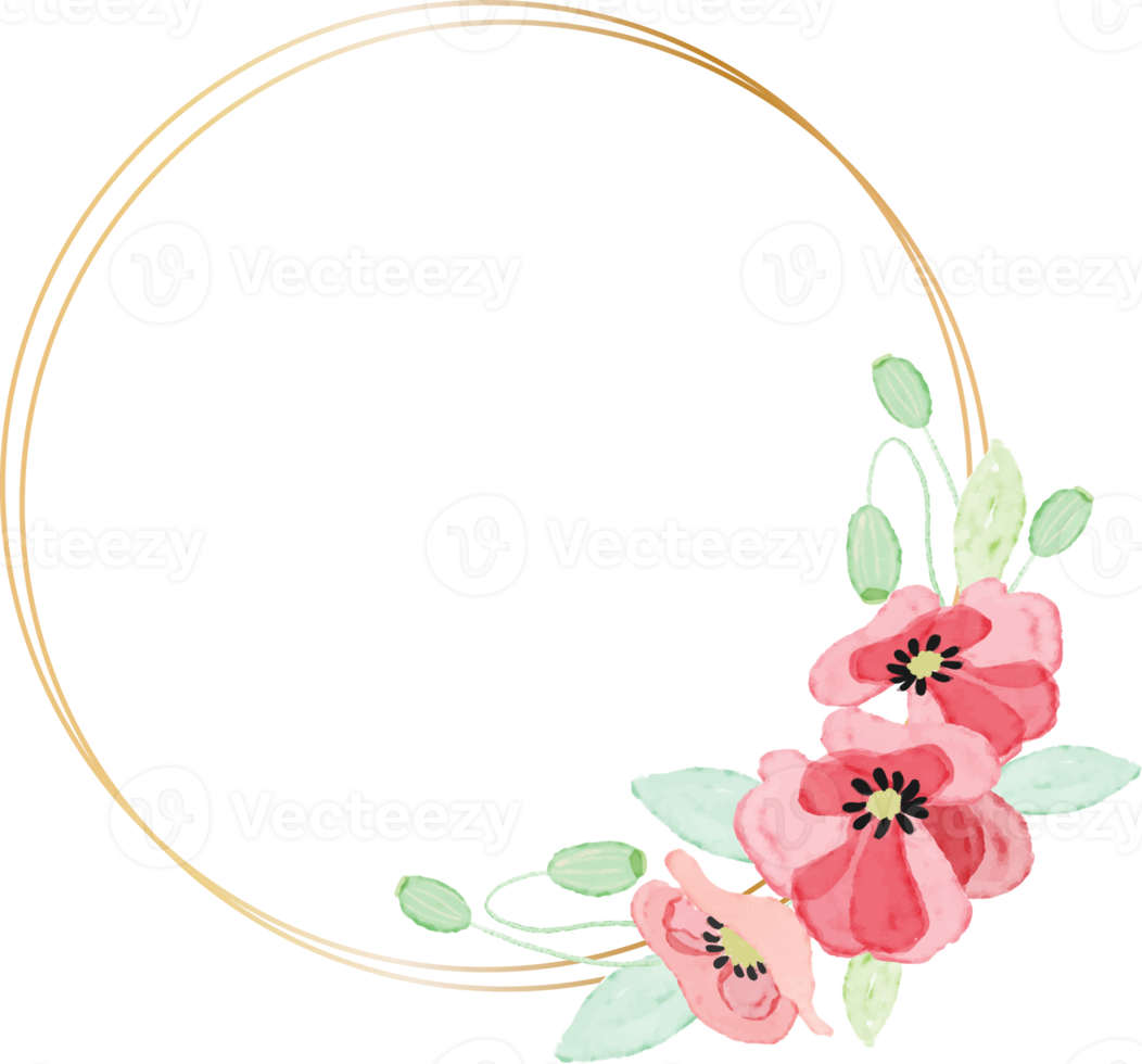 akvarell röd vallmo blomsterkrans med gyllene ram samling för veteranens dag png