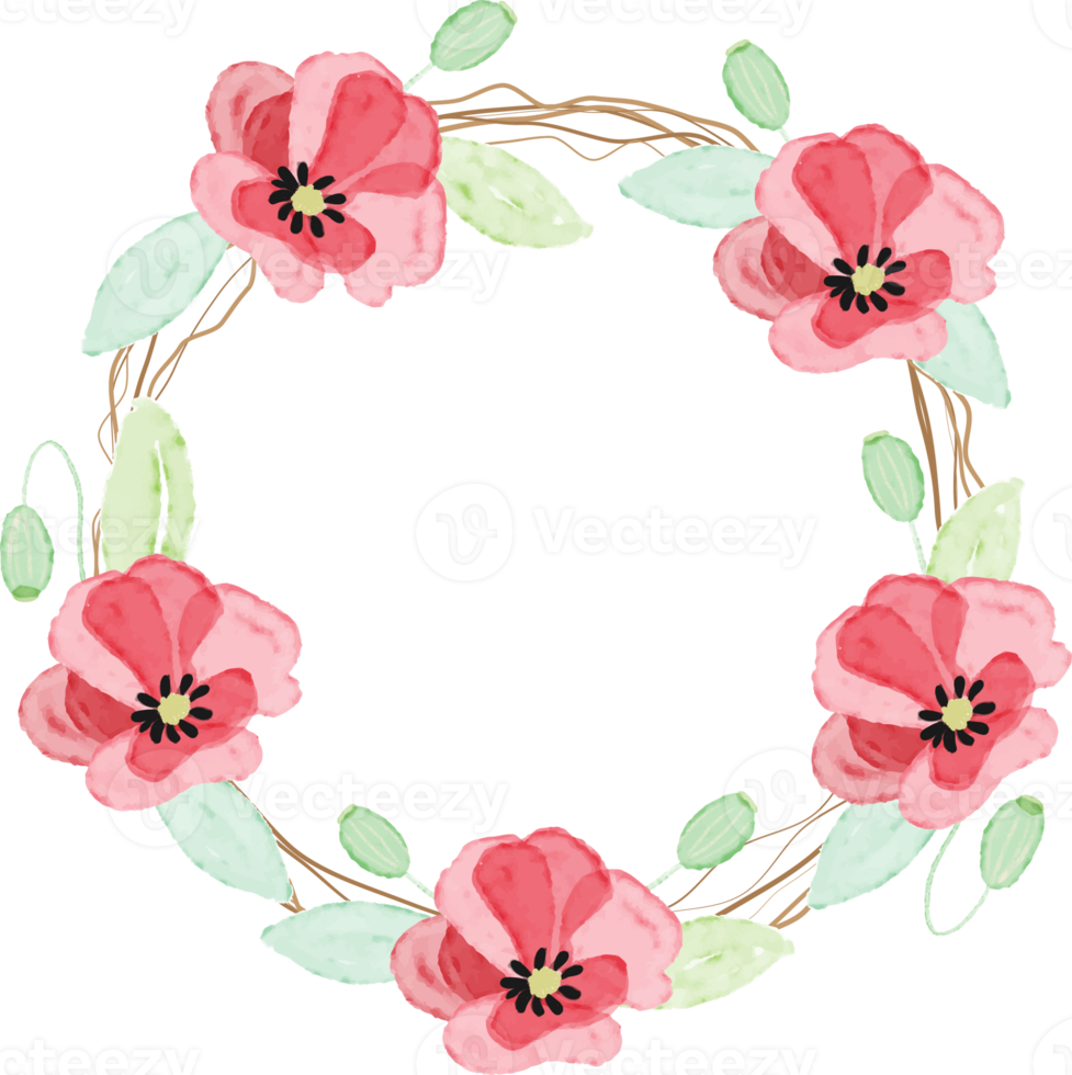 watercolor red poppy flower wreath frame with dry twig collection for veteran's day png