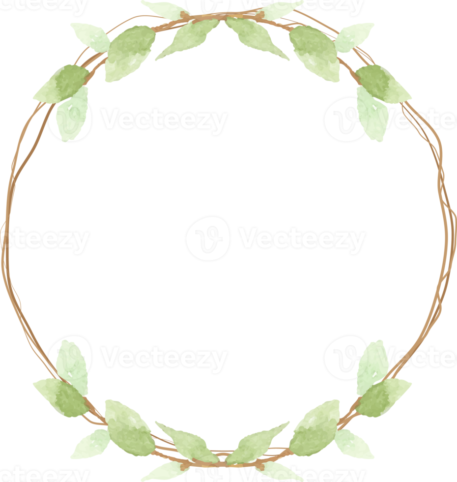 watercolor hand drawn green leaf with dry twig wreath frame png