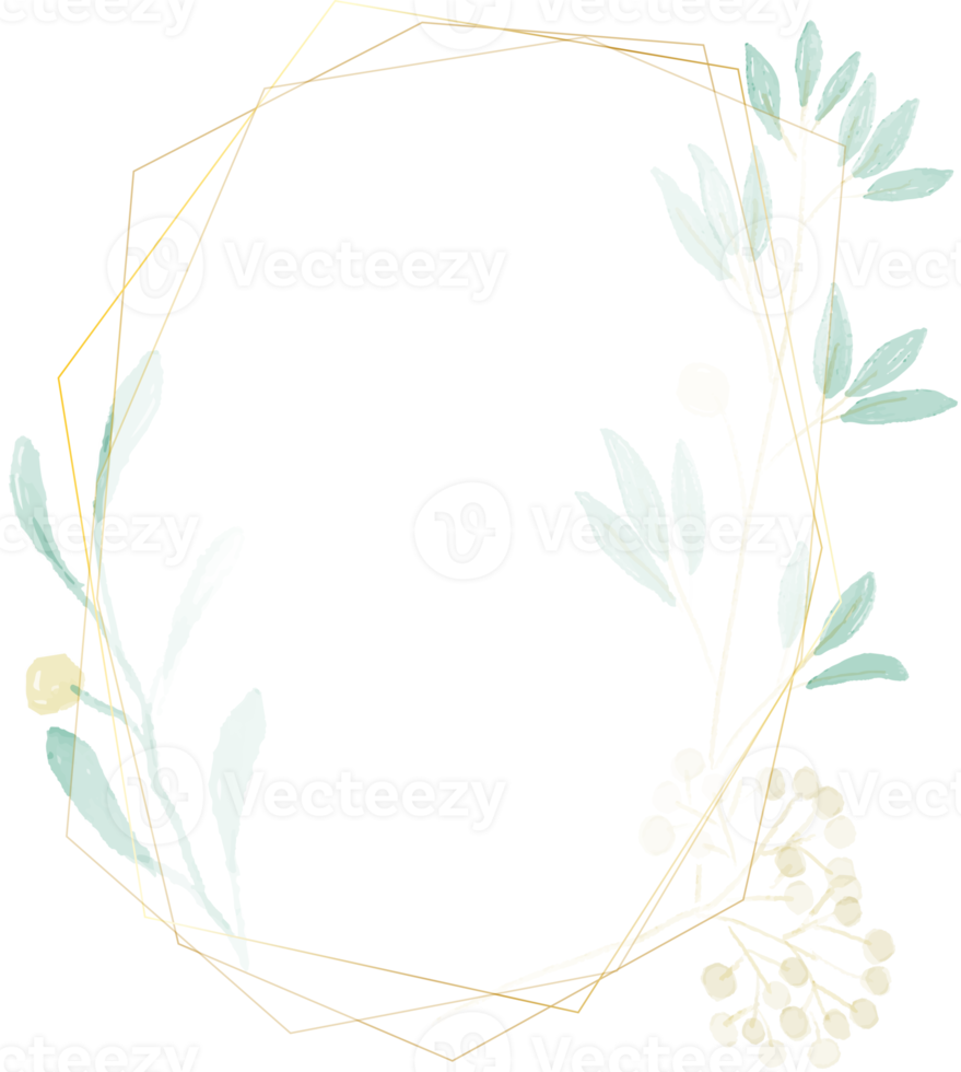 golden frame with watercolor green leafs wreath png