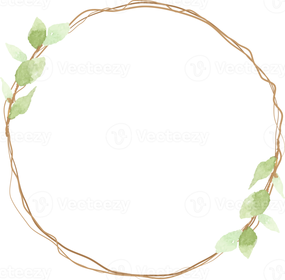 watercolor hand drawn green leaf with dry twig wreath frame png