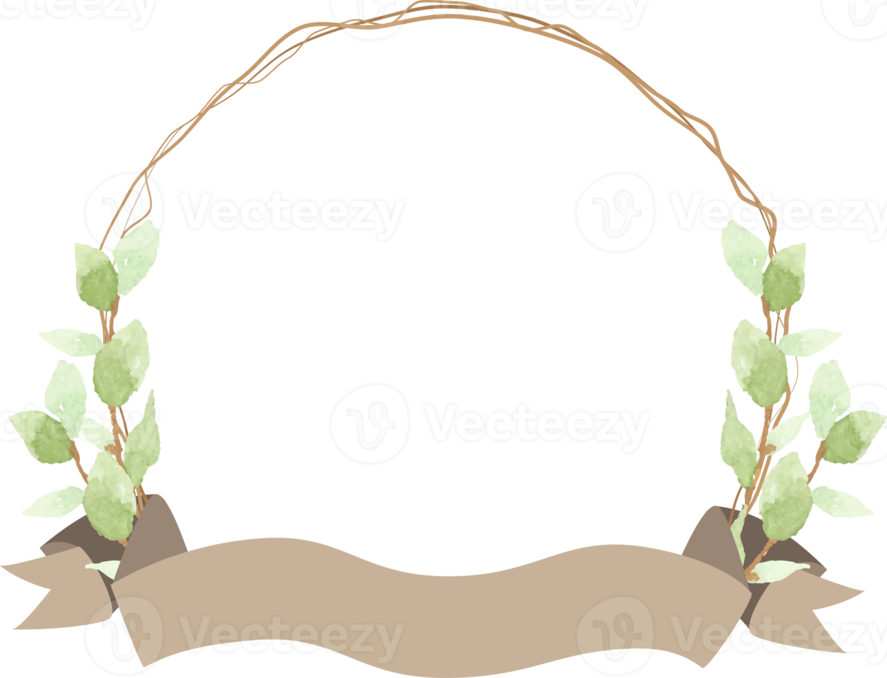 acuarela dibujada a mano hoja verde con marco de corona de ramita seca png